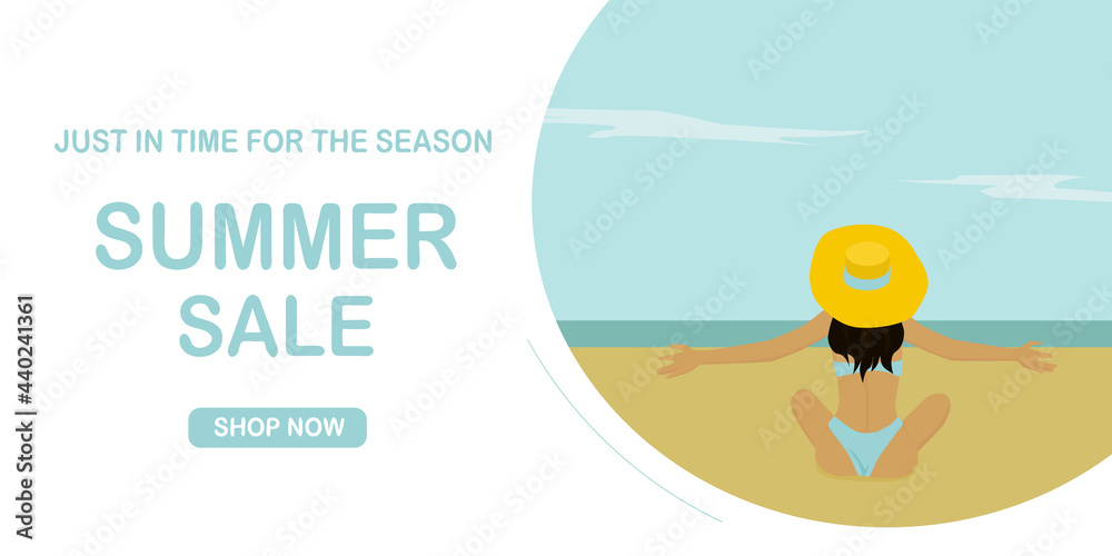 Summer sale banner with woman in the big yellow hat sunbathing on the beach. Vector illustration.