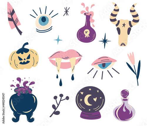 Witch magic design collection. Set of elements for Halloween. Party invitation. For tattoo, textile, cards. Witch's Cauldron, Potions, Vampire fangs, pumpkin, Eyes. Vector cartoon illustration