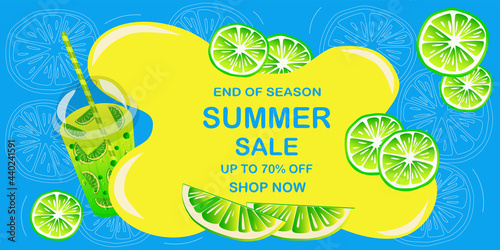 Summer sale banner with juice and lime slices. Vector illustration.