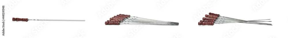 Set with metal skewers on white background. Banner design