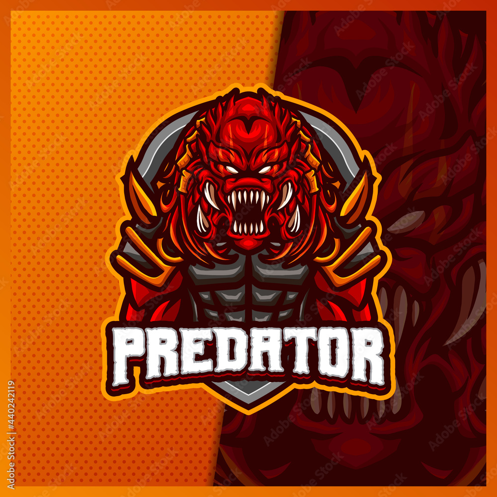 Alien Predator Monster mascot esport logo design illustrations vector template, Devil Ninja logo for team game streamer youtuber banner twitch discord, full color cartoon style Alien Predator Monster mascot esport logo design illustrations vector template, Devil Ninja logo for team game streamer youtuber banner twitch discord, full color cartoon style