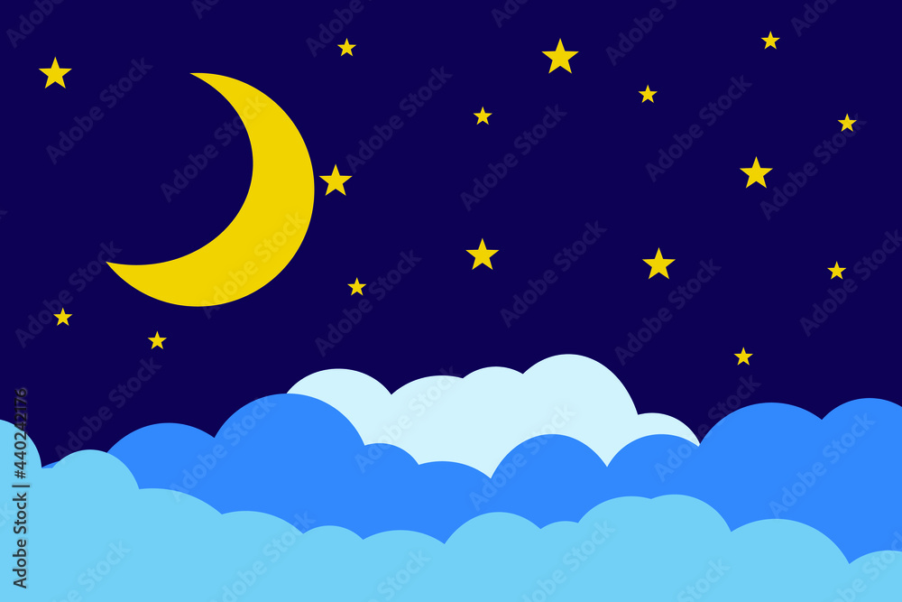 Naklejka premium Flat style illustration yellow moon stars and blue clouds background design. Good to use for banner, social media template, poster and flyer template, etc.