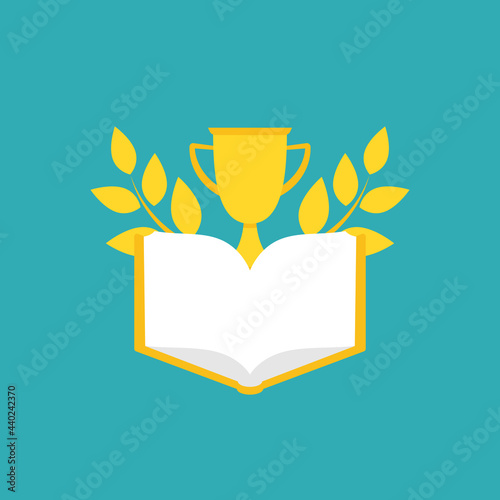 Open golden book with laurel and gold trophy or winning cup. Isolated on powder blue background.