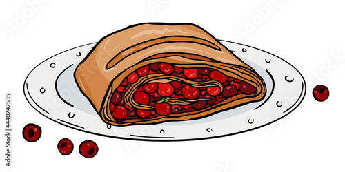 Illustration plate with slice Viennese cherry strudel.