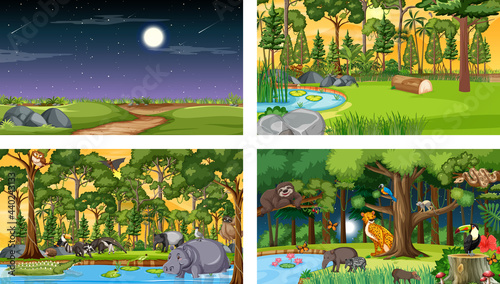 Set of different forest horizontal scene with various wild animals