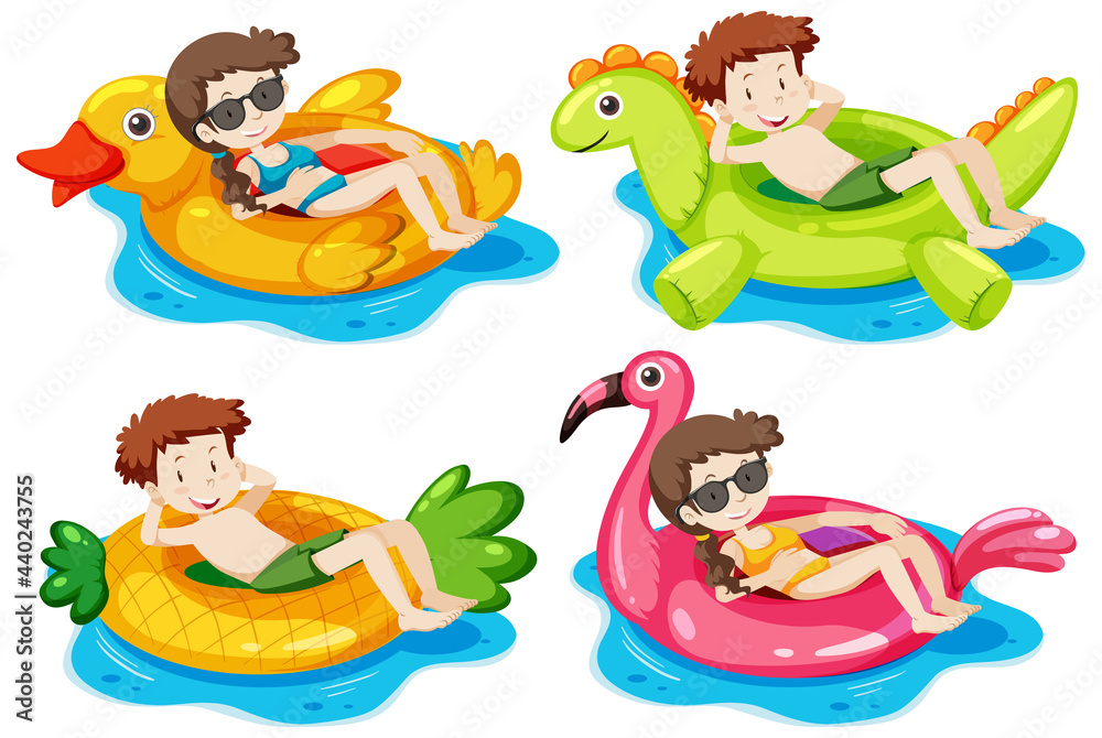Fototapeta premium Set of kids laying on their swimming ring in the water isolated