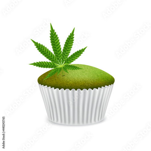 Green muffin, cupcake with cannabis leaf, on white background.