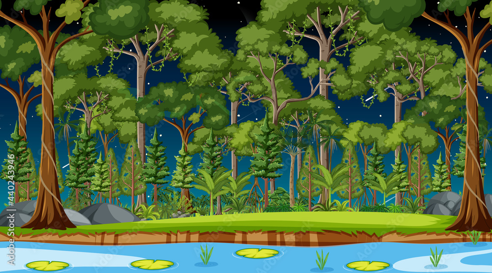 River flow through the forest scene at night