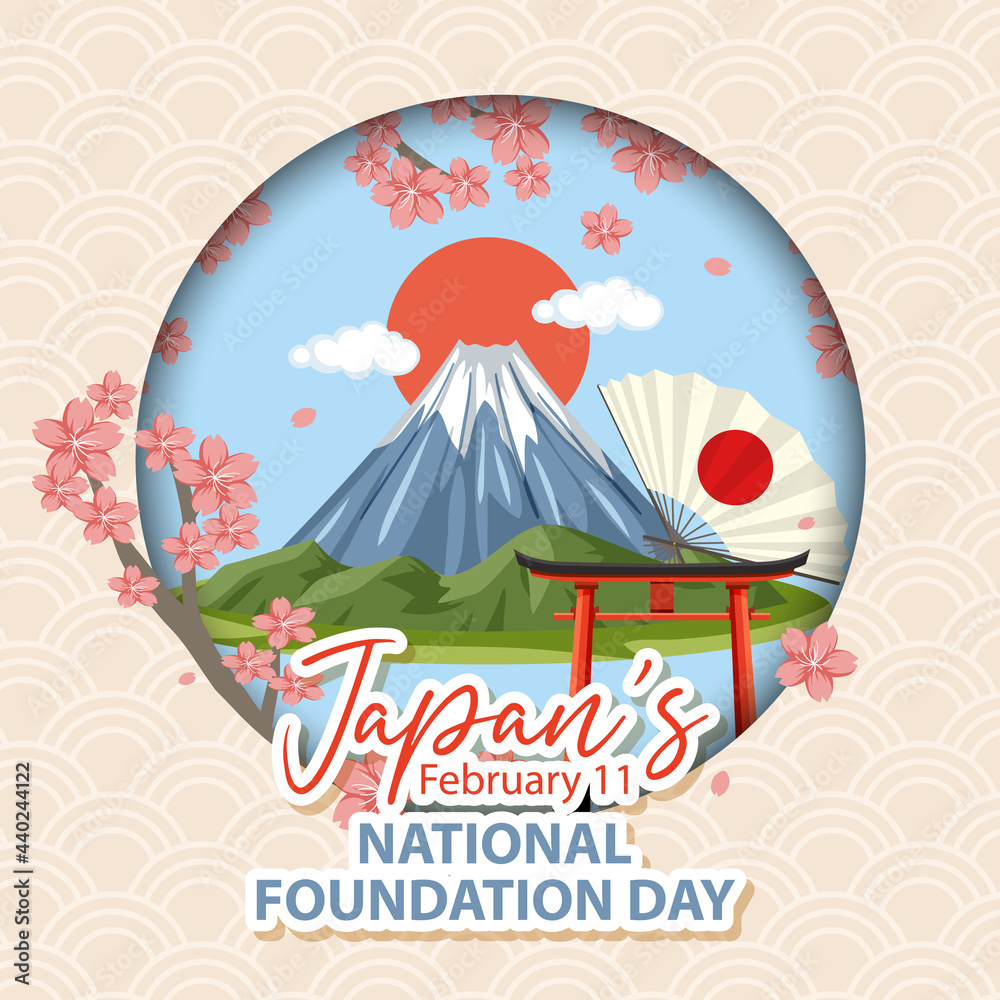 Japan's National Foundation Day banner with Mount Fuji and Torii Gate Japan's National Foundation Day banner with Mount Fuji and Torii Gate