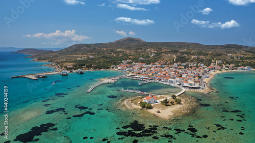 Aerial drone photo of picturesque seaside main village of Elafonisos island, Lakonia, Peloponnese, Greece