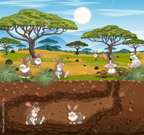Underground animal burrow with rabbit family