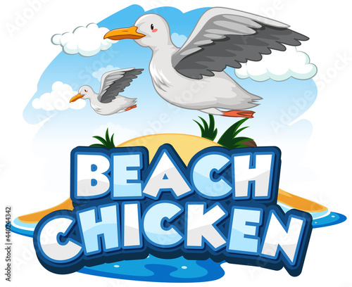 Seagull bird cartoon character with Beach Chicken font banner isolated
