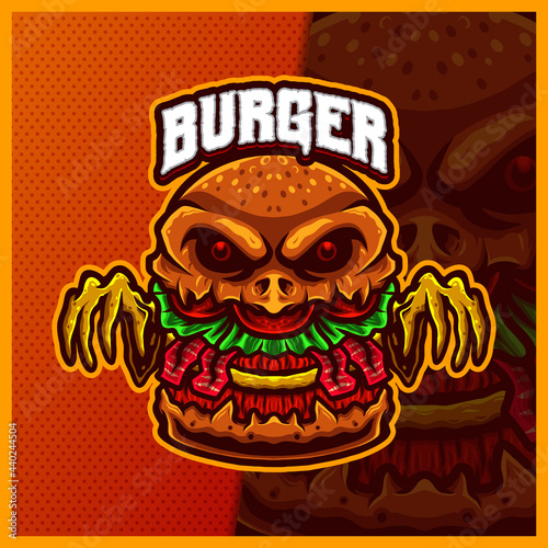 The Burger Monster mascot esport logo design illustrations vector template, cheeseburger logo for team game streamer youtuber banner twitch discord, full color cartoon style
