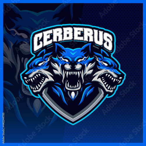 Cerberus Head Hellhound mascot esport logo design illustrations vector template, wolf fang animal logo for team game streamer youtuber banner twitch discord, full color cartoon style