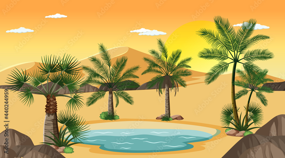 Fototapeta premium Desert forest landscape at sunset time scene with oasis