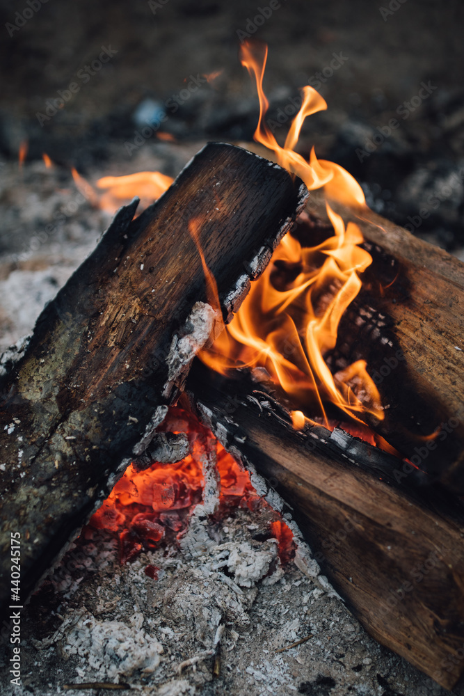 close up of flames in campfire pit, summer camping fire close up of flames in campfire pit, summer camping fire