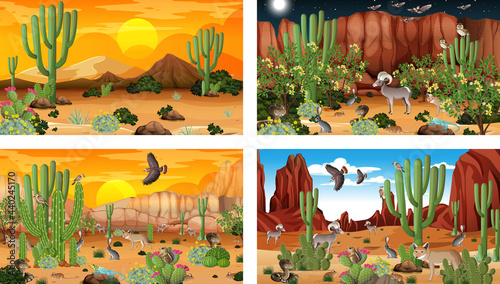 Different desert forest landscape scenes with animals and plants