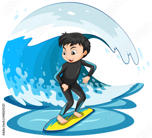 A boy surfing on a water wave isolated