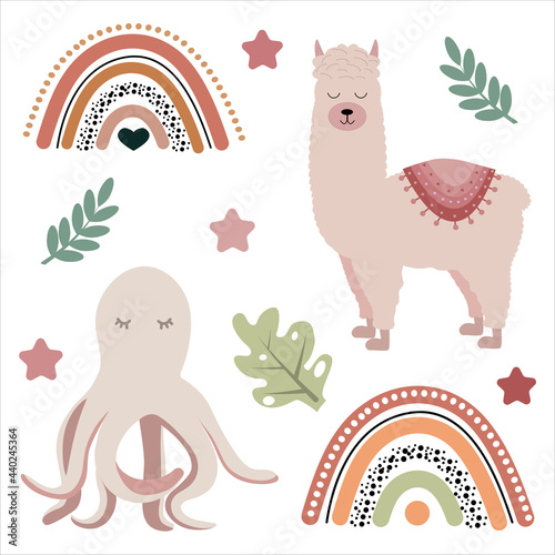 Set vector hand drawn boho nursery color clipart. Doodle illustrations in Scandinavian style. Cliparts for baby room, greeting cards, kids and baby t-shirts and wear, kids clipart. Print.Boho Rainbows