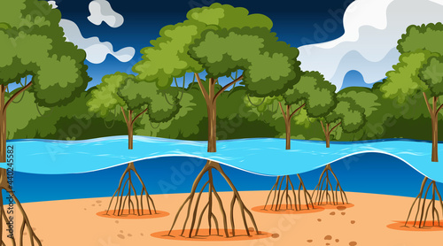 Nature scene with Mangrove forest at night in cartoon style