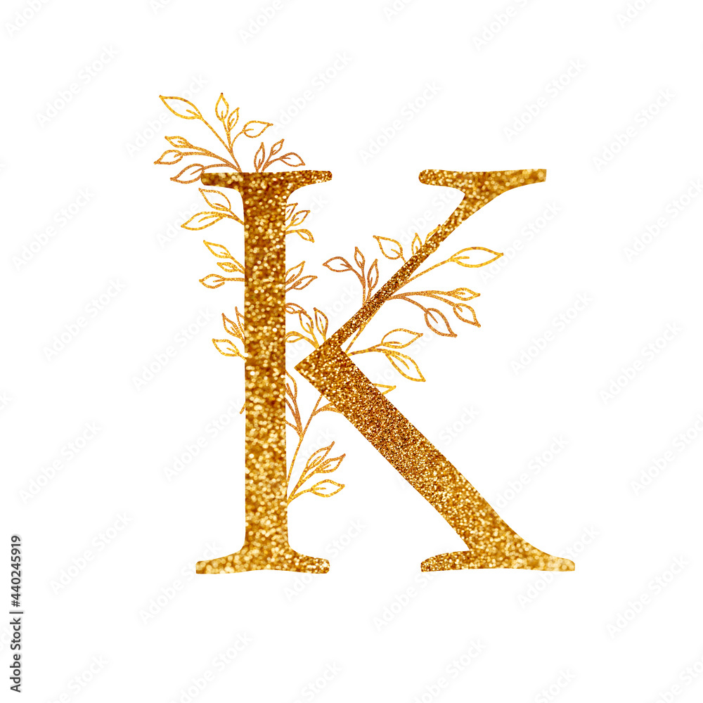 Obraz premium Gold Branch and alphabet - letter A with gold twigs composition.Gold alphabet letter on white background. A logo design element for a collection of T-shirts.
