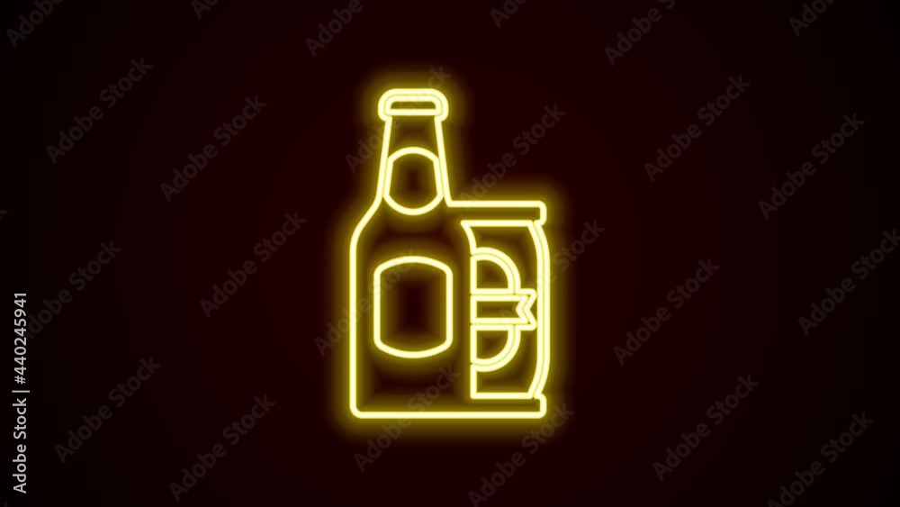 Glowing neon line Beer bottle and beer can icon isolated on black background. 4K Video motion graphic animation Glowing neon line Beer bottle and beer can icon isolated on black background. 4K Video motion graphic animation