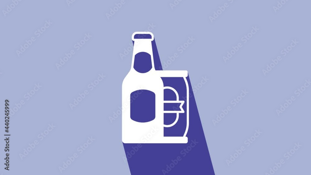 White Beer bottle and beer can icon isolated on purple background. 4K Video motion graphic animation White Beer bottle and beer can icon isolated on purple background. 4K Video motion graphic animation