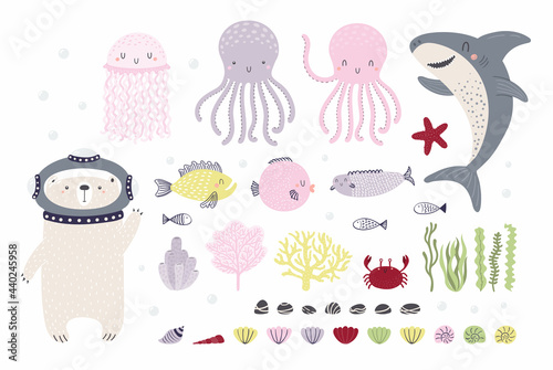 Cute underwater animals, fish, plants, bear diver clipart set, isolated on white. Hand drawn vector illustration. Sea ocean elements. Scandinavian style flat design. Concept kids fashion print, poster