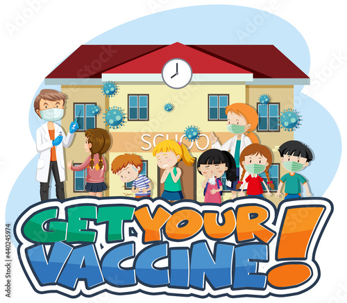 Get Your Vaccine font banner with many kids waiting in queue to get covid-19 vaccine