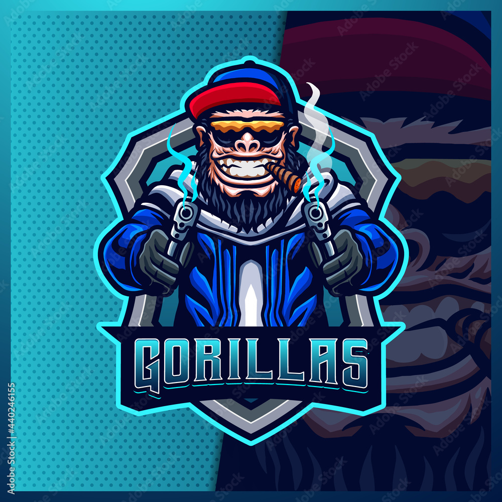 Gorilla Apes Cowboy mascot esport logo design illustrations vector template, Gorilla Shooter animal logo for team game streamer youtuber banner twitch discord, full color cartoon style