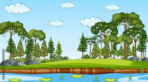 Nature forest landscape at daytime scene with river flowing through the forest