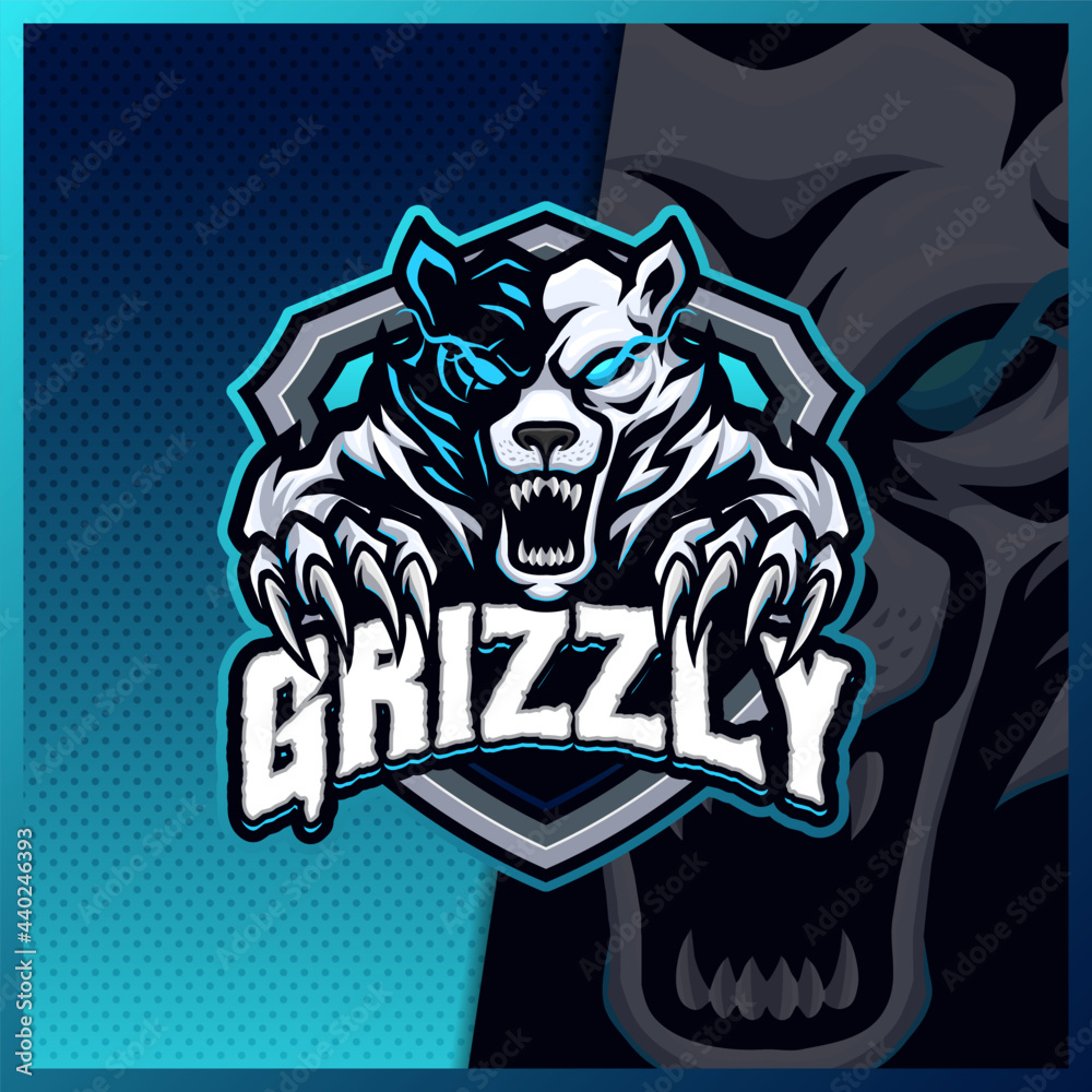 Grizzly Bears Roar mascot esport logo design illustrations vector
