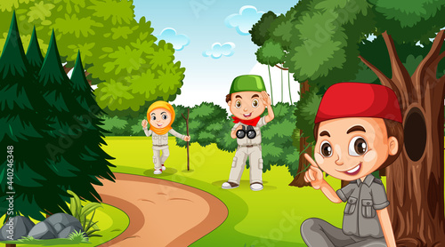 Nature scene with muslim kids exploring in the forest