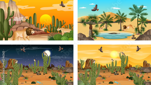 Different scenes with desert forest landscape with animals and plants © blueringmedia