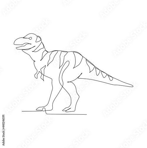 Single continuous line drawing of aggressive velociraptor for logo identity. Prehistoric animal mascot concept for dinosaurs theme amusement park icon.