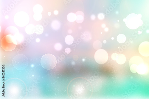 Abstract blurred fresh vivid spring summer light delicate pastel blue turquoise pink bokeh background texture with bright circular soft color lights and stars. Card concept. Beautiful backdrop illustr