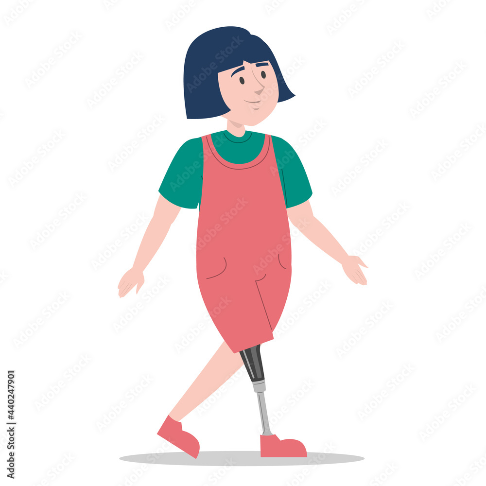 Fototapeta premium Girl with prosthetic leg walking vector isolated. Bionic limb, amputee child. Concept of people with disability. Happy little kid.
