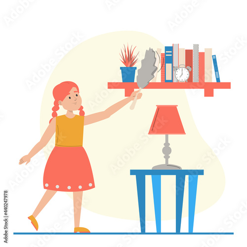 Girl wiping dust from the shelf vector isolated. Housework concept. Domestic routine, child cleaning room.