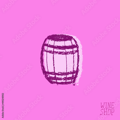 Wine barrel drawing. Winery sign template. Hand drawn pencil illustration for Wine shop and store symbol with crayon texture. Emblem for vineyard, insignia biodynamic wines, grape festival, bar logo.