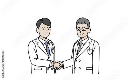 握手をする白衣を着た男性　医者　科学者　研究員　支援　協力　イラスト素材
