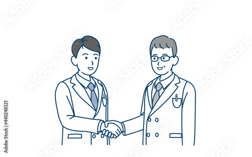 握手をする白衣を着た男性　医者　科学者　研究員　支援　協力　イラスト素材