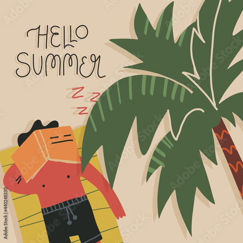 Cute summer card, banner design. Young man fell asleep while reading a book on the beach under the palm and had sun burn