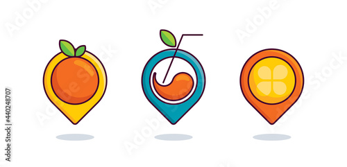 A set of delicious geotags. Colorful labels with orange juice.