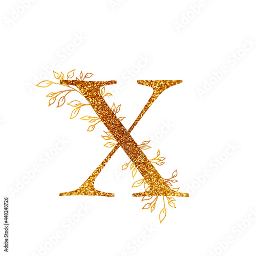 Gold Branch and alphabet - letter X with gold twigs composition.Gold alphabet letter on white background. A logo design element for a collection of T-shirts.