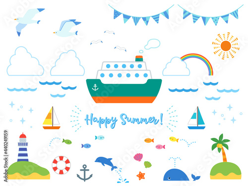 夏の海と船　かわいいモチーフセット（白背景）