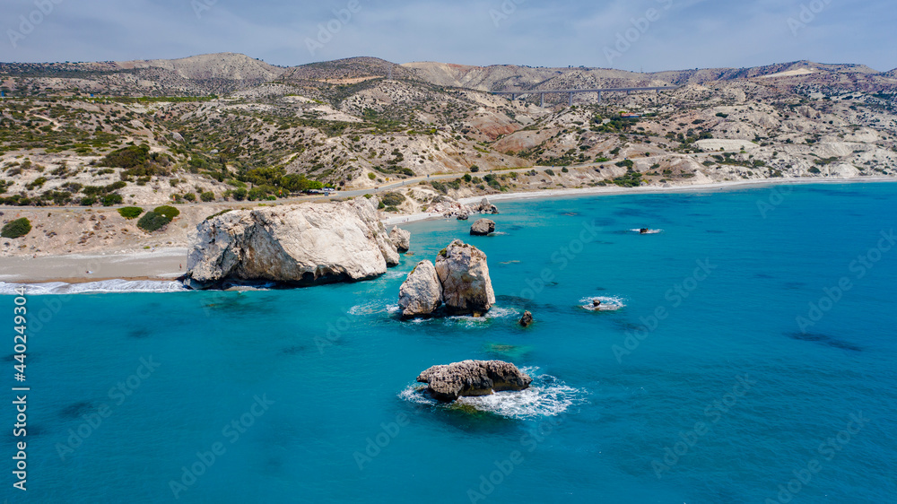 Cyprus. Aphrodite's rock aerial view Petra-Tu-Romiou. Bay of Aphrodite. Mediterranean sea. Seascape rocks. Paphos. Kouklia. The Cyprus beaches. Turquoise sea. Coast of the Republic of Cyp