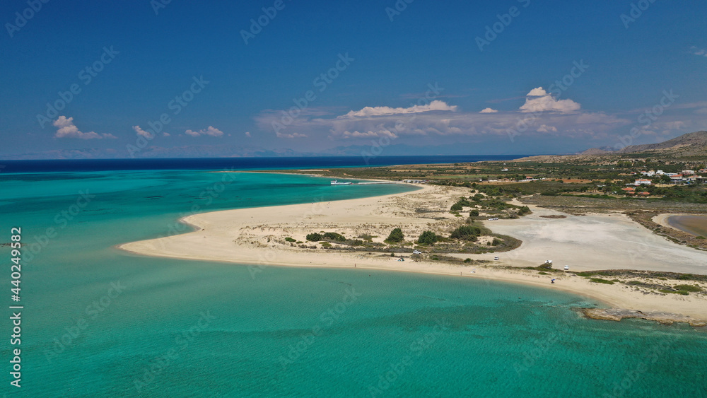 Aerial drone photo of beautiful exotic sandy seascape and beach of Pounta with beautiful clouds and deep blue sky close to famous Elafonisos island, Peloponnese, Lakonia, Greece