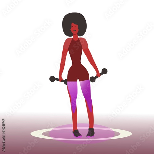 black young woman with an Afro hairstyle is engaged in fitness at home with dumbbells. Fitness, healthy lifestyle, training for a toned body. Cartoon vector illustration
