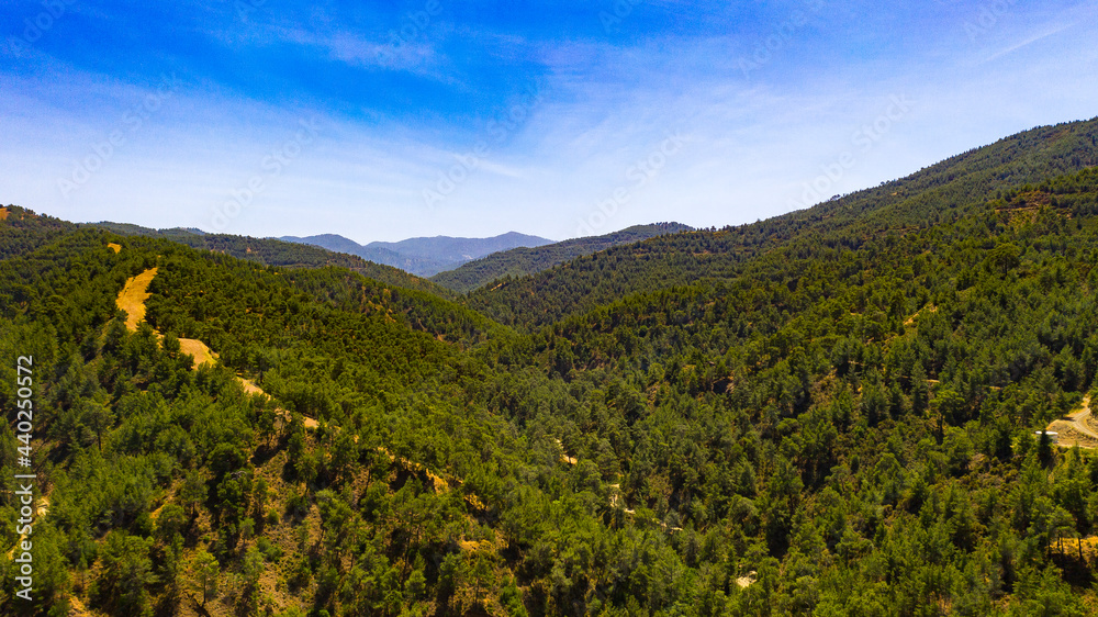 Troodos Mountains Cyprus. Aerial view of the green hills