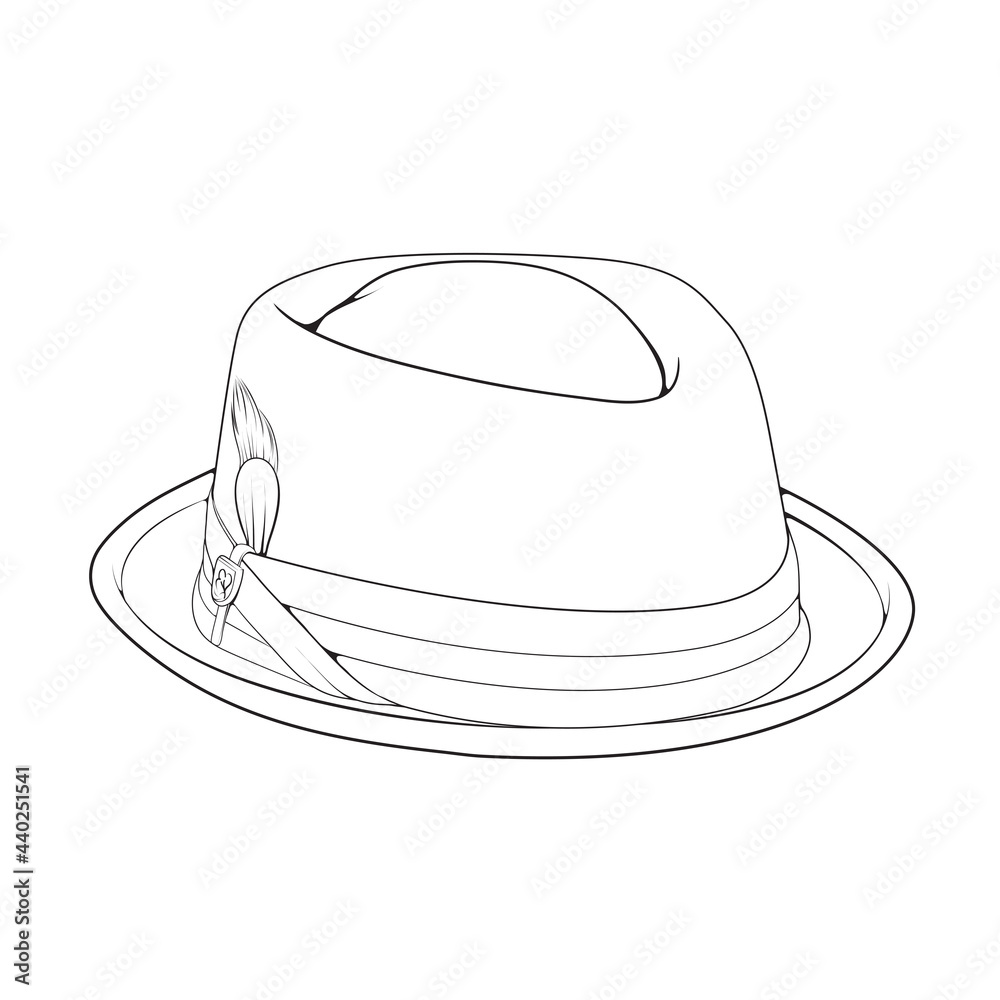 Pork Pie hat outline drawing vector, Pork Pie hat in a sketch style